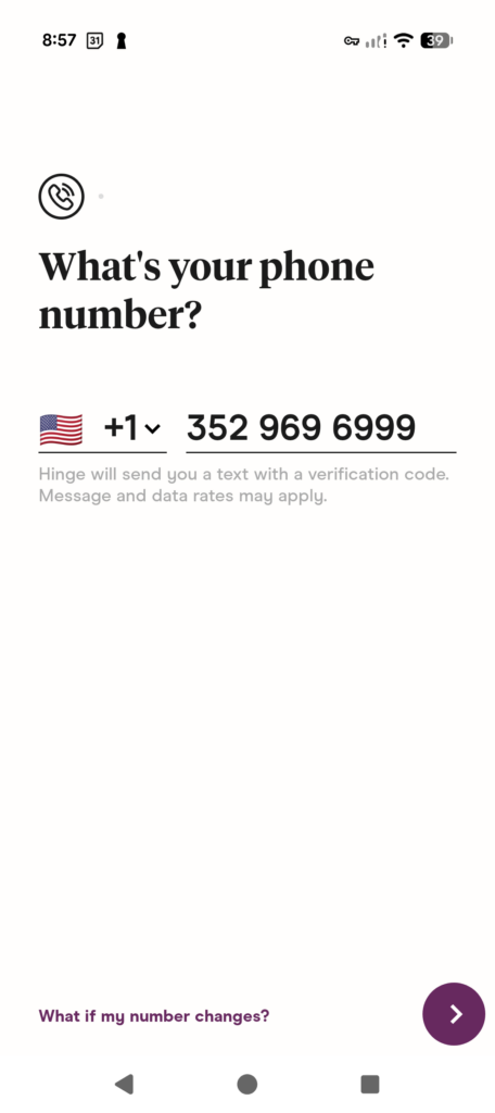 Entering your phone number for Hinge