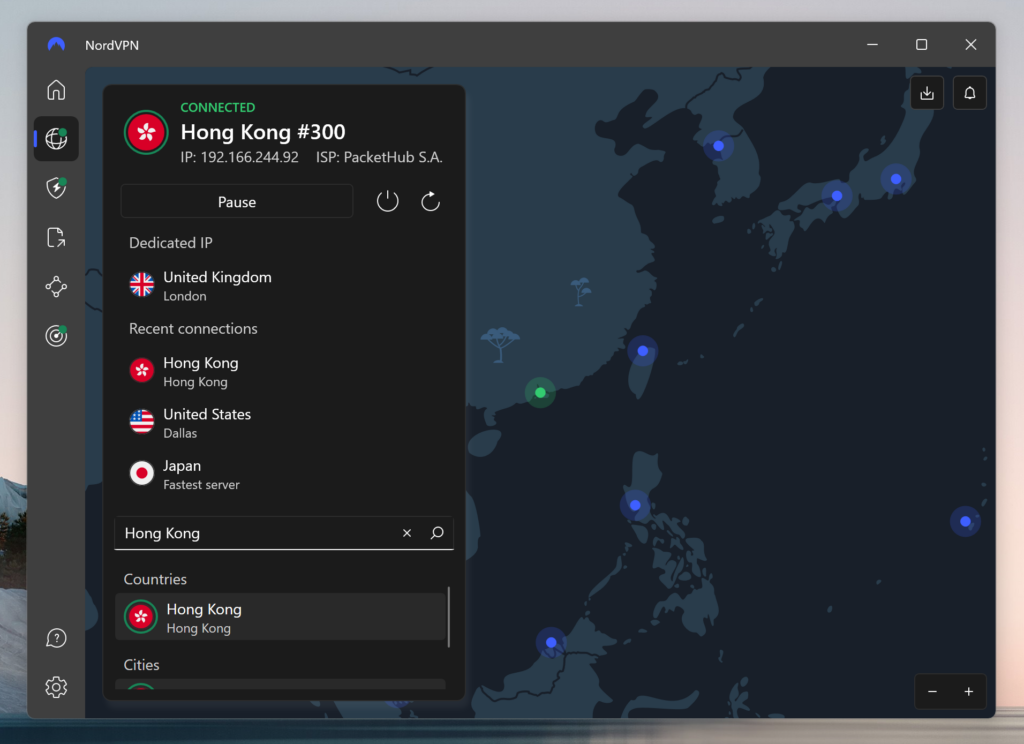 Hong Kong server selection in app