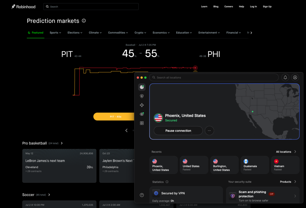NordVPN connected to a US server while accessing Robinhood from a restricted country