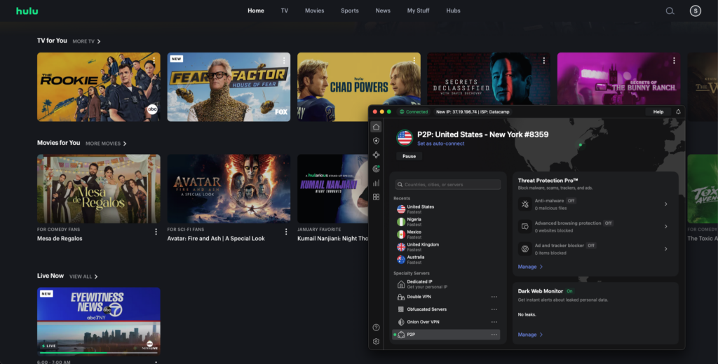 Hulu in Mexico unblocked using NordVPN