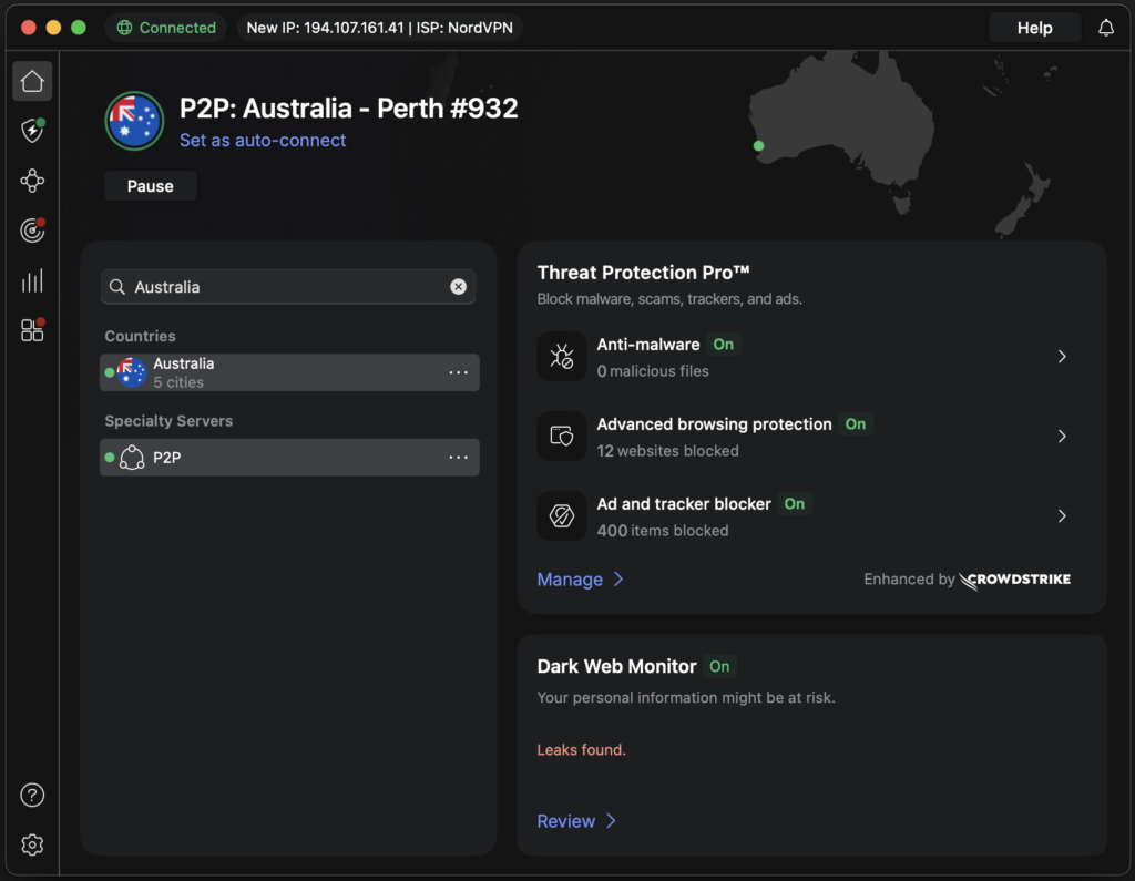 NordVPN connected to Australian server