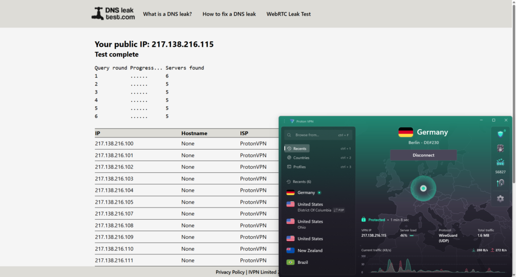 Proton VPN's DNS leak test results