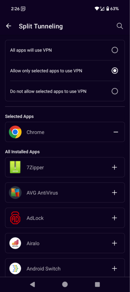 PureVPN's split tunneling feature