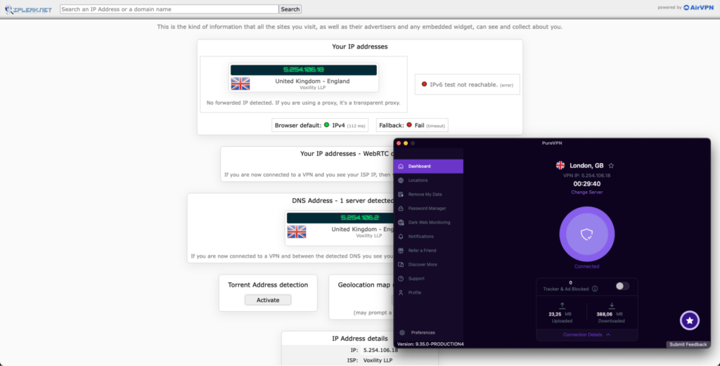 PureVPN's DNS leak test
