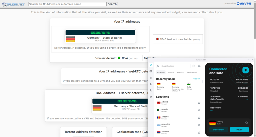 Surfsharks DNS leak results