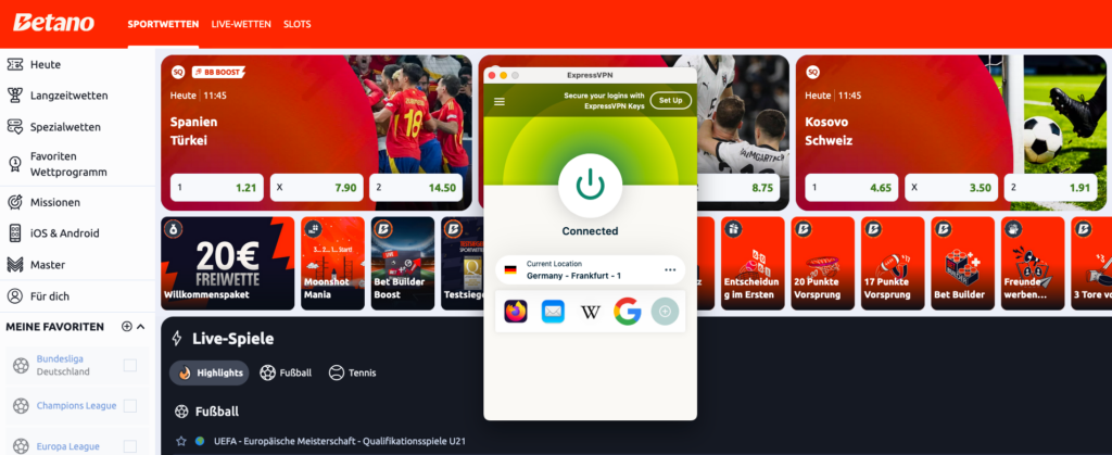 ExpressVPN accesses Betano via Germany server