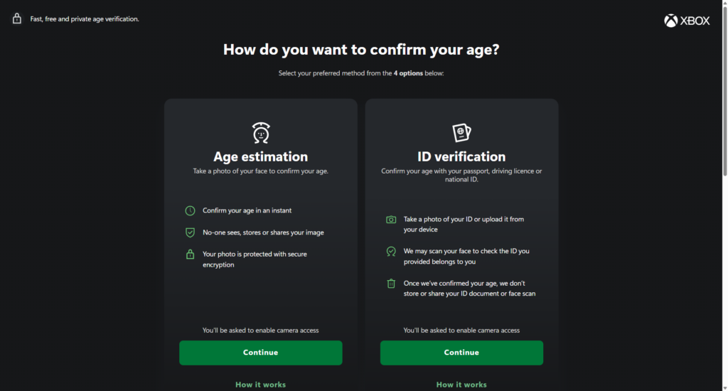 Xbox age verification options in the UK
