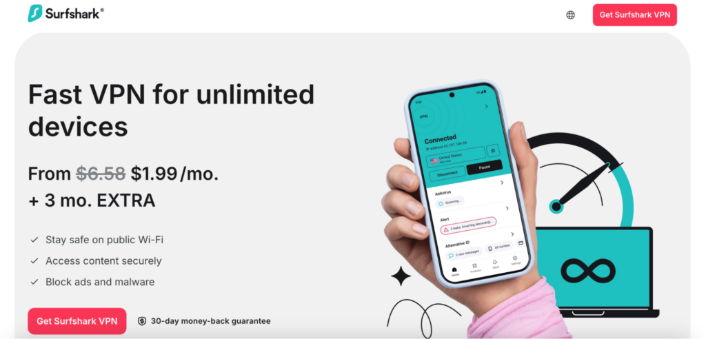 Surfshark's homepage with military discounts applied