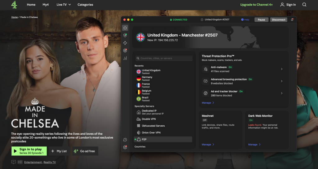 NordVPN with a UK IP address to unblock Channel 4