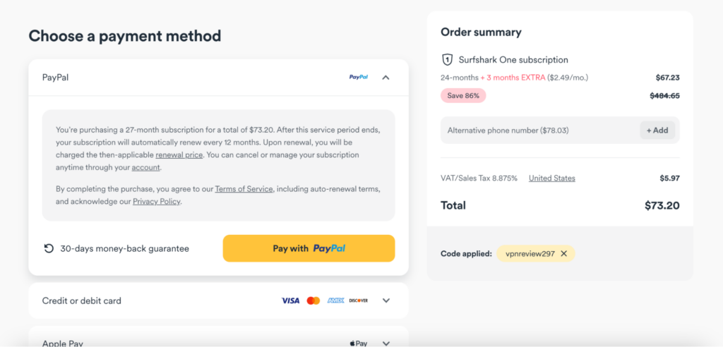 Surfshark's checkout page with discount applied