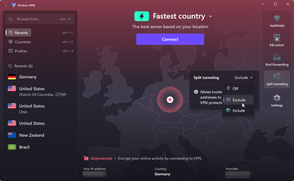 Proton VPN's Split Tunneling feature