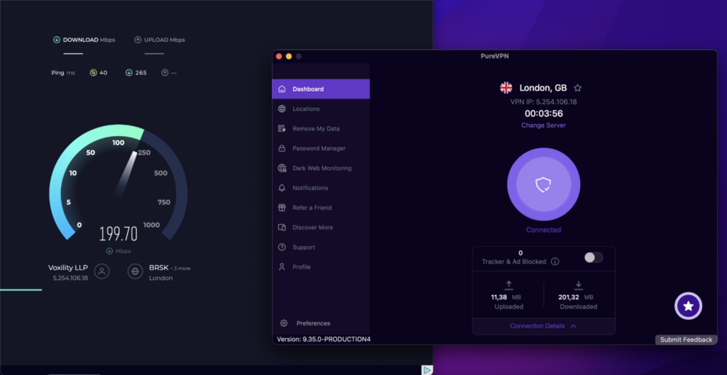 PureVPN's speed test results