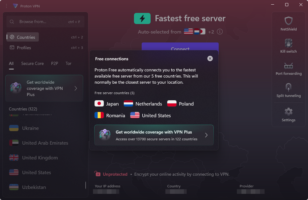 ProtonVPN free server connections