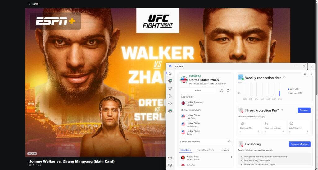 ESPN+ connected through NordVPN US server