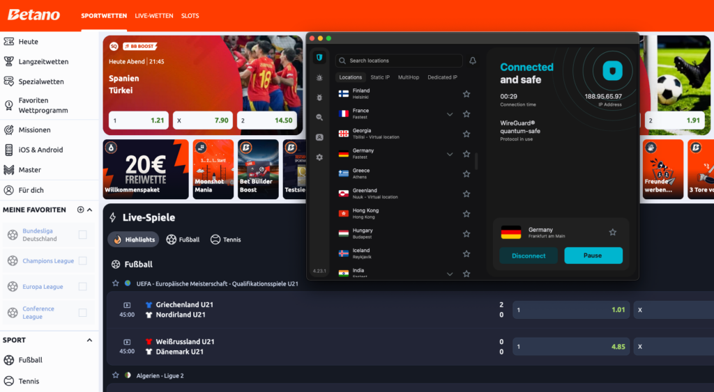Surfshark accesses Betano via Germany server