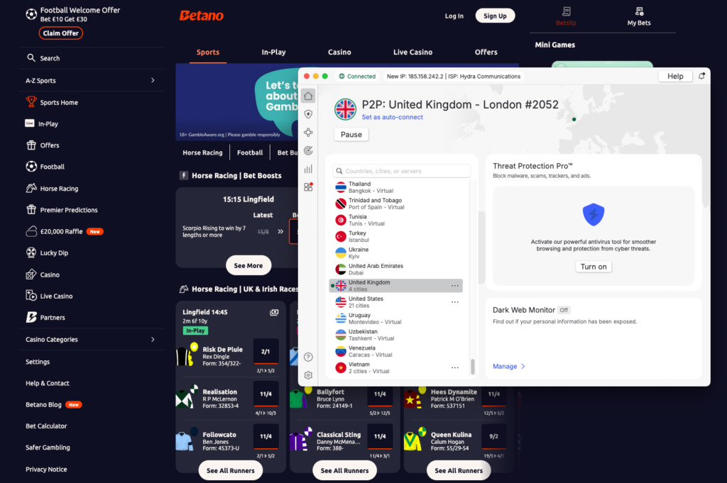 NordVPN accesses Betano via UK server