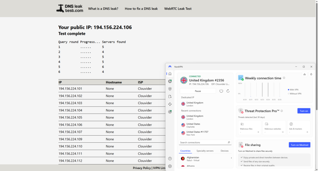NordVPN's leak test results