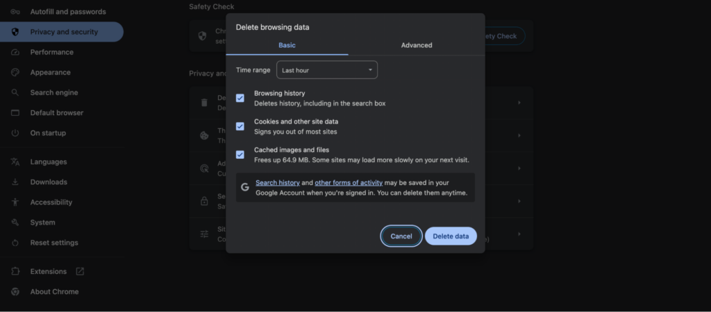 Clearing browser cache and cookies page view
