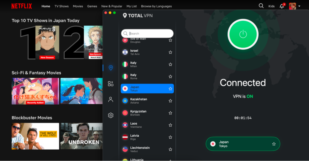 TotalVPN unblocks Netflix Japan