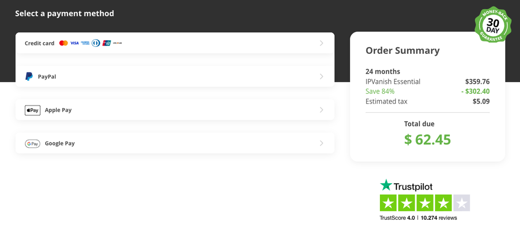 IPVanish VPN Black Friday checkout page