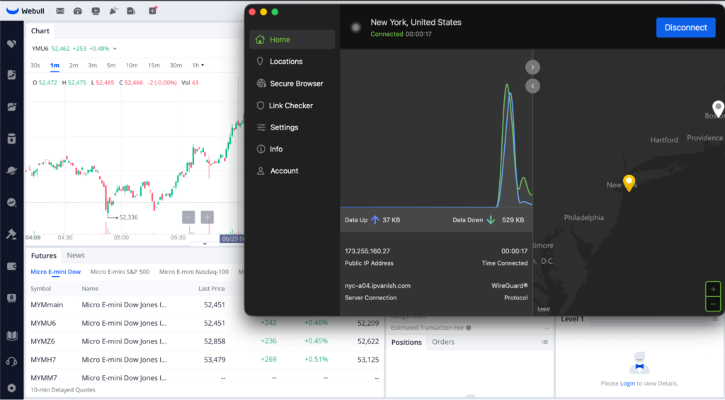 Accessing Webull with IPVanish's New York servers