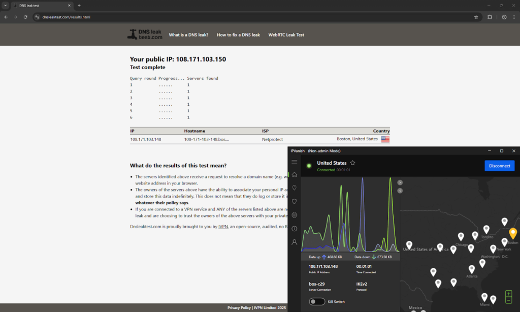 IPVanish DNS leak test while connected to the US server