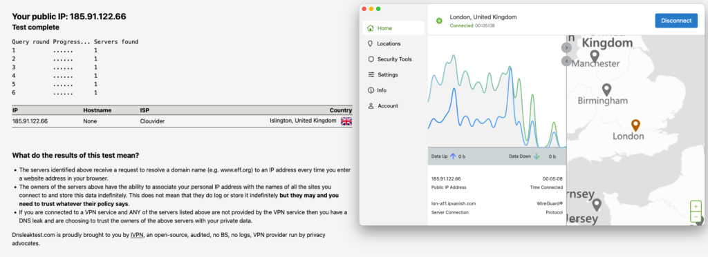 IPVanish DNS leak test results for P2P file sharing