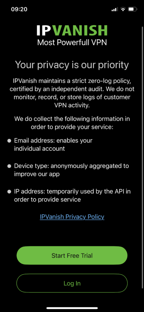 IPVanish free trial option on iOS