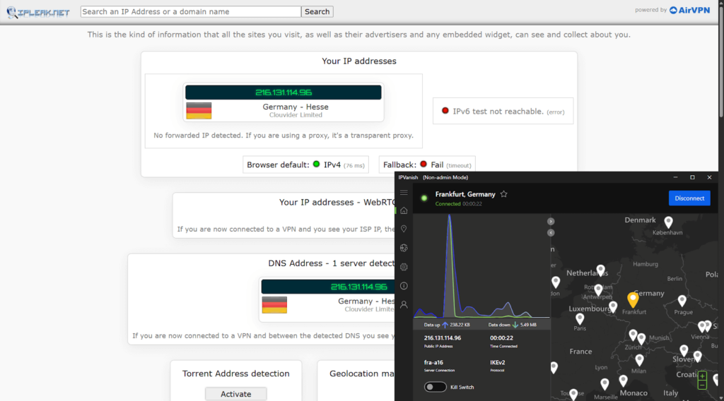 IPVanish IP leak test