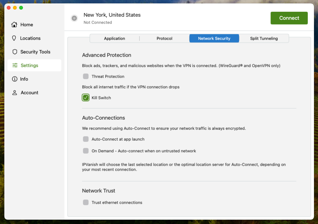IPVanish kill switch feature on the app