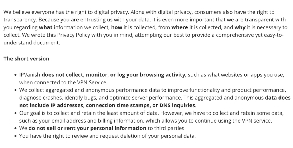 IPVanish's privacy policy
