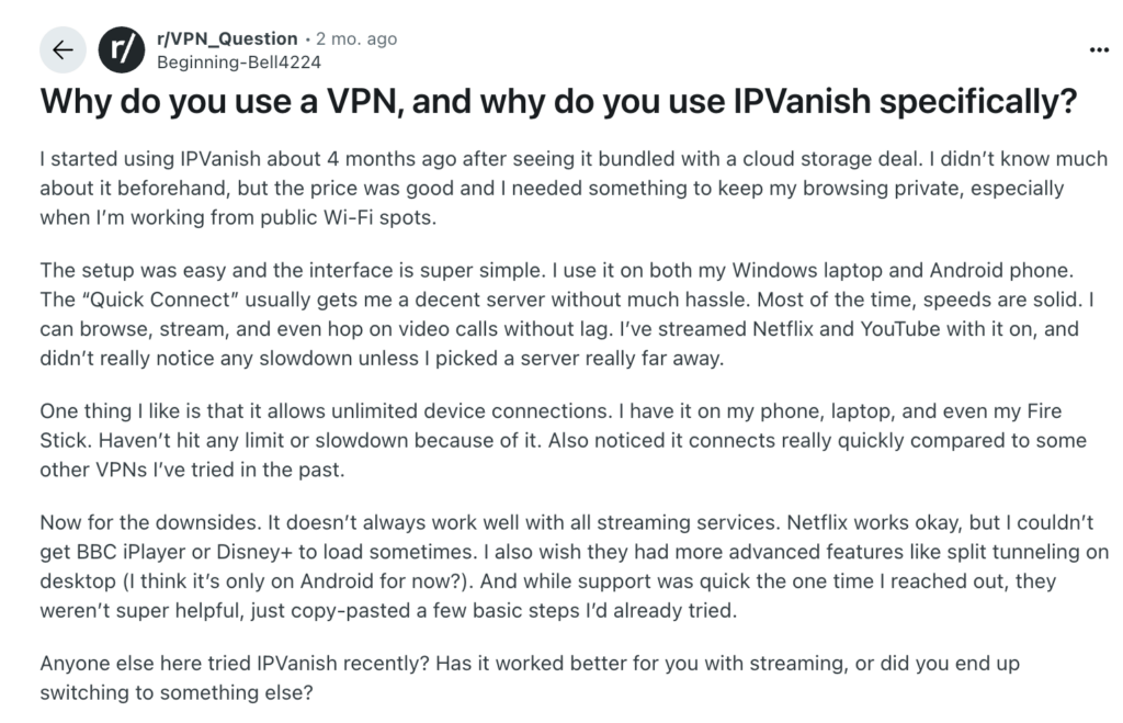 IPVanish Reddit opinion