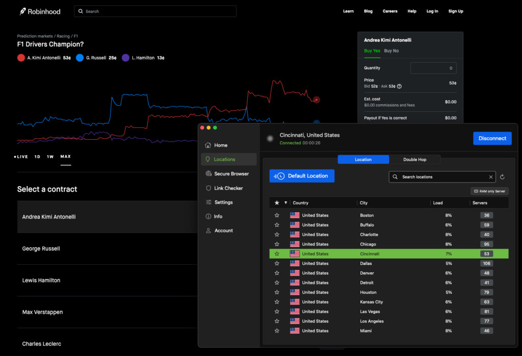 IPVanish accessing Robinhood while connected to US