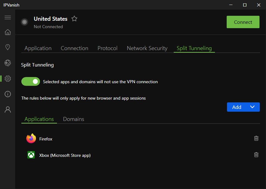 IPVanish app with Split Tunneling settings