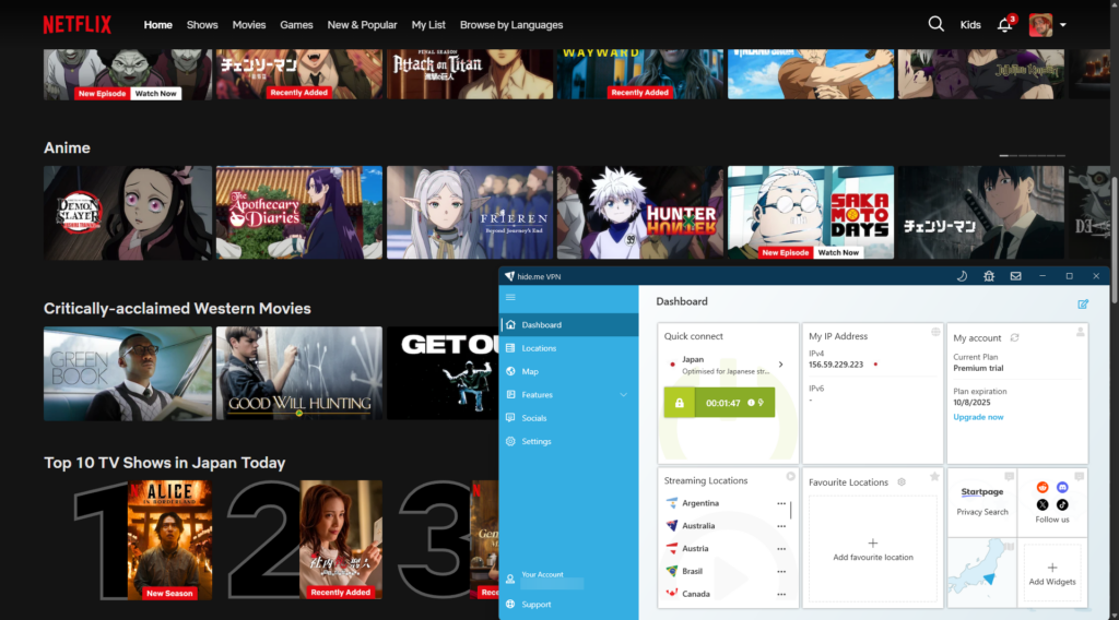 Netflix Japan unblocked with hide me on a Japanese VPN server