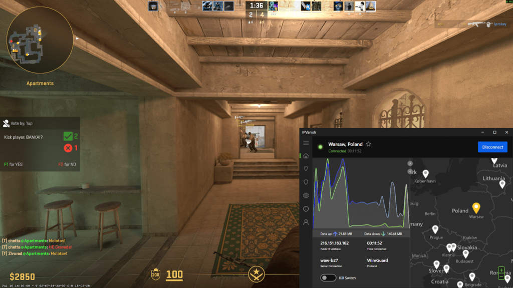 IPVanish's speed while gaming