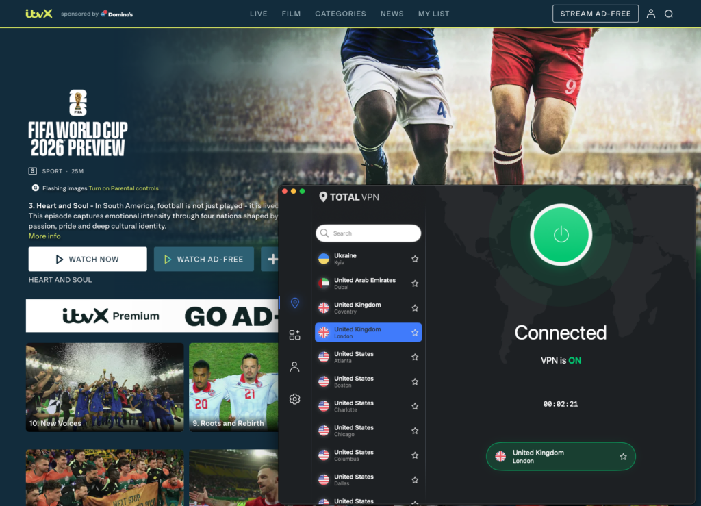 ITVX World Cup 2026 page accessed with TotalVPN UK server