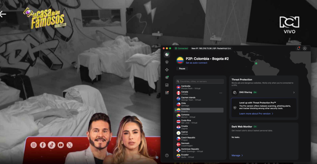 La Casa de los Famoso on RCN Canal using NordVPN