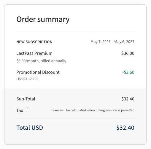 LastPass order summary