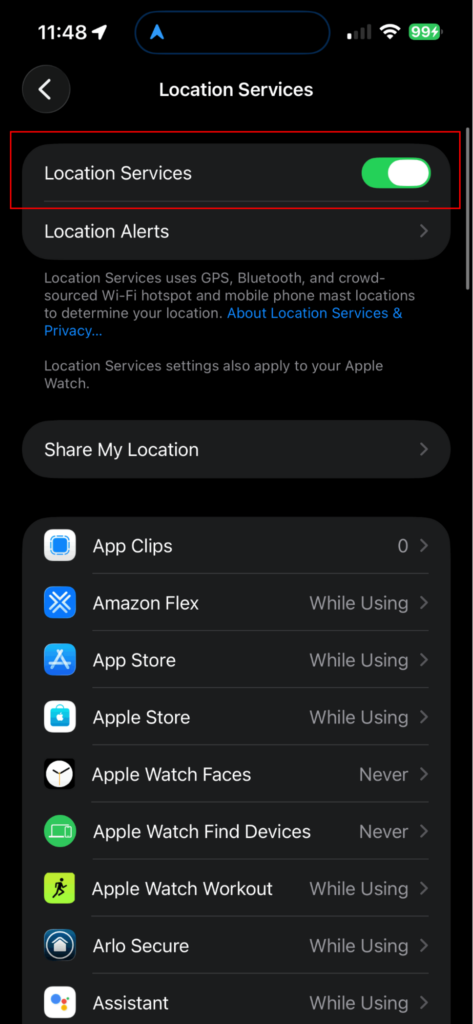 Location services in the Privacy & Security section of the Settings app on an iPhone