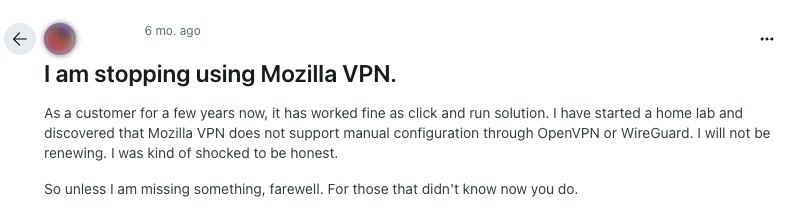 Mozilla VPN's review on Reddit