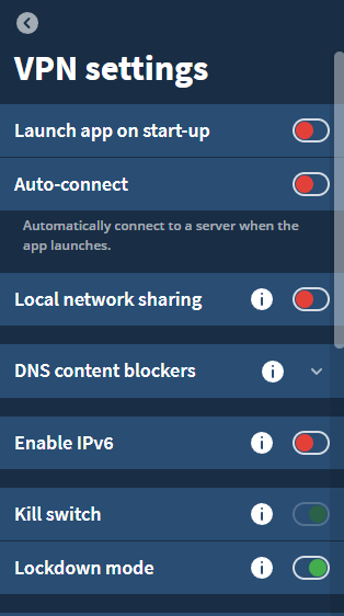 Mullvad VPN's kill switch, greyed out because it can't be disabled
