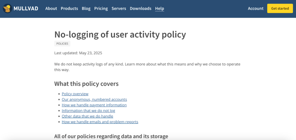 Mullvad publishes its no-logs policy publicly