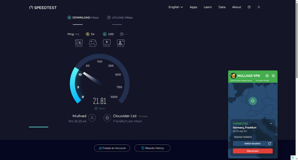 Using Ookla Speedtest to run a test of Mullvad's gaming speeds
