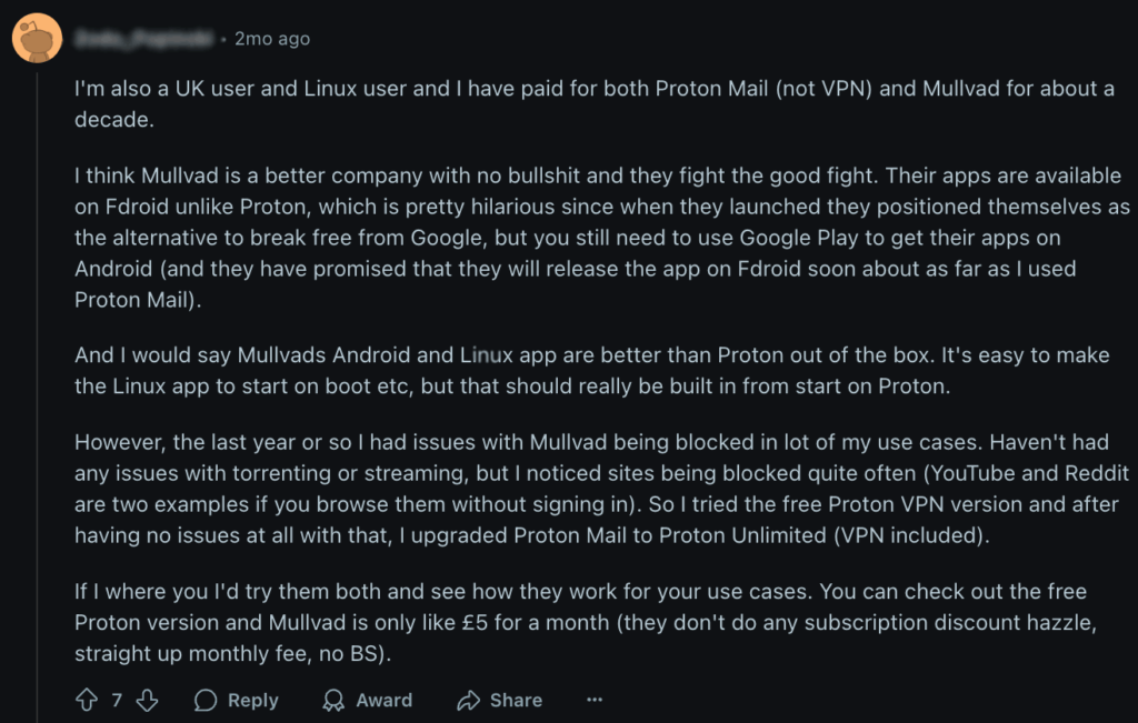 Reddit user reports on common blockages when using Mullvad VPN