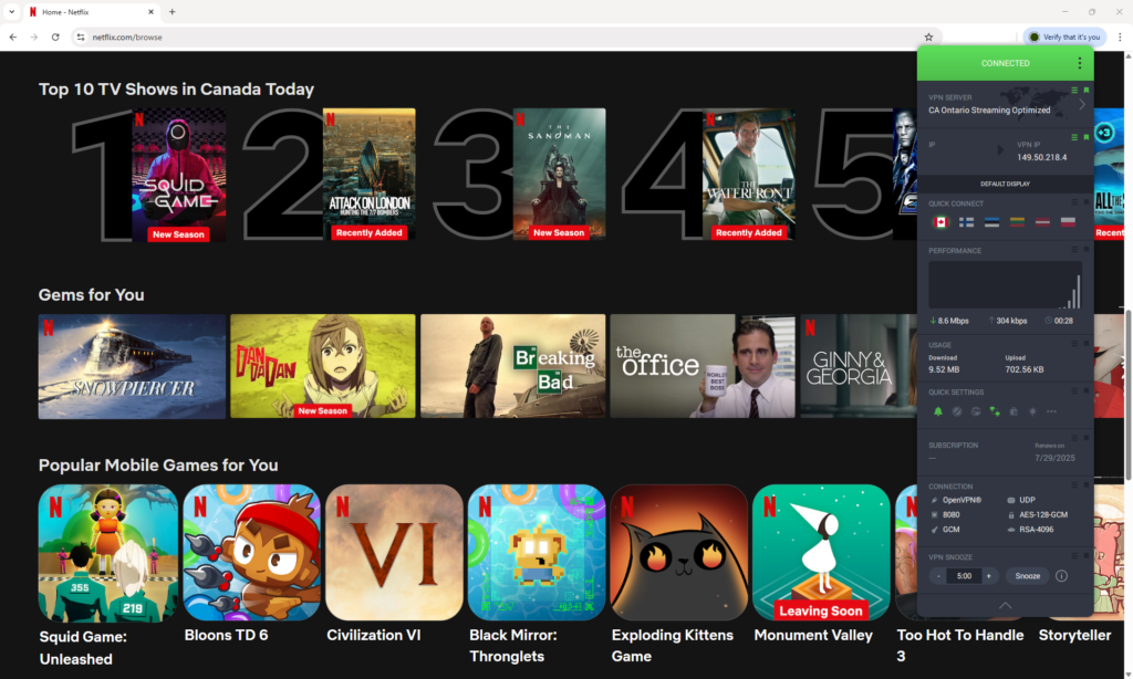 PIA unblocking Canadian Netflix