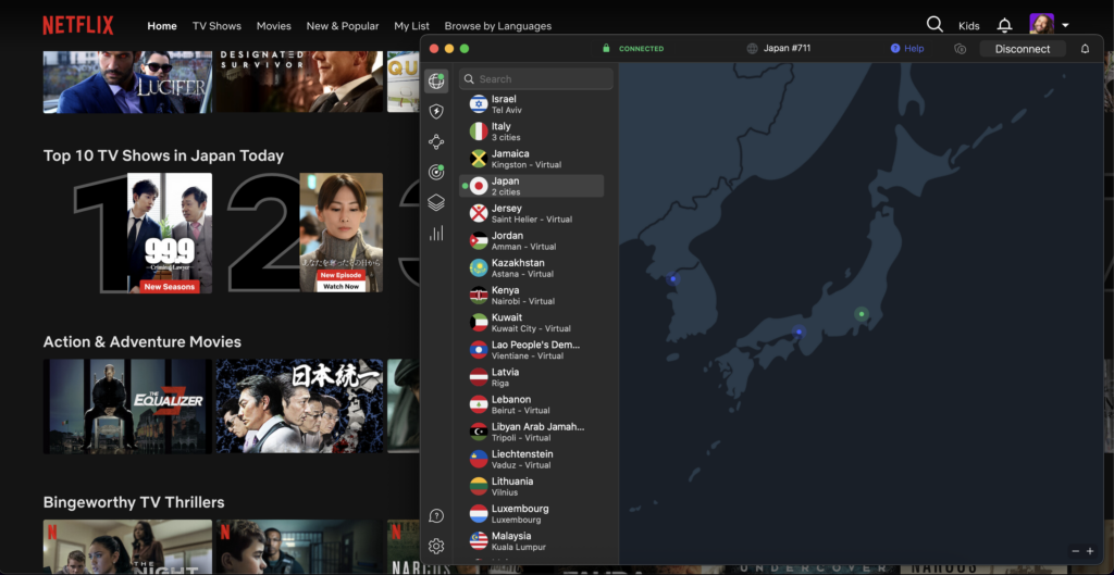 NordVPN connected to Japan server, unblocked Japan Netflix library