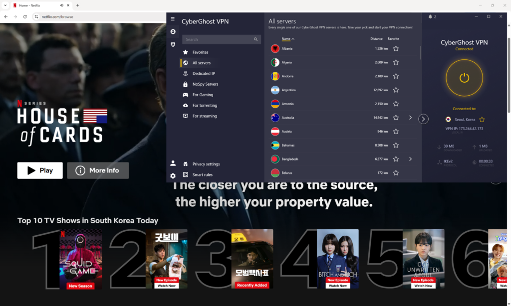 Cyberghost bypassing the geo-blocks on South Korean Netfli