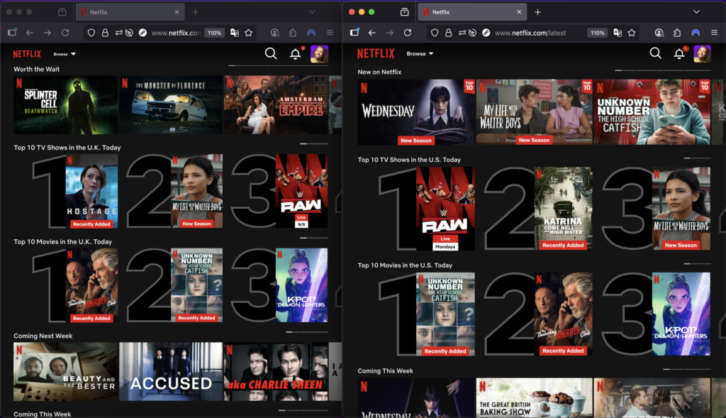 Netflix UK and Netflix US library side-by-side comparison