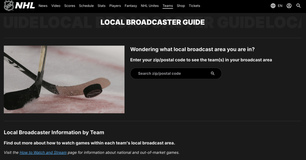 Local NHL blackouts checker on the NL website